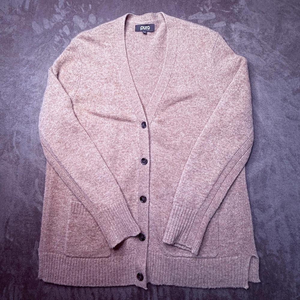 Pura Cashmere Cardigan Sweater Womens Sz L Merino Wool Taupe V-Neck Button Front